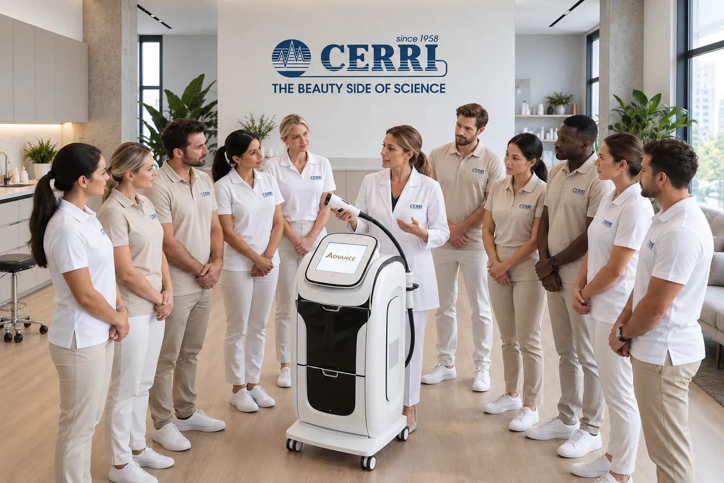 Cerri Italia advisor training a team of beauty professionals on a device